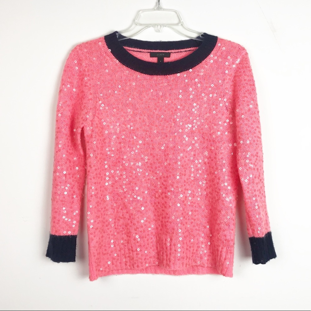 J. Crew Pink Sequin Sweater with Black Trim
